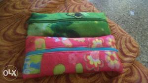 Two Green And Pink Floral Pencil Cases