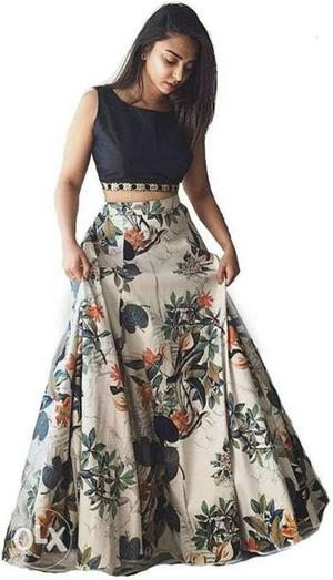 Women's Black And Beige Floral Gaghra Choli Dress