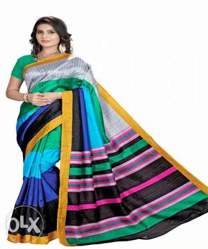 Women's Green, Grey, And Black Striped Sari Traditional