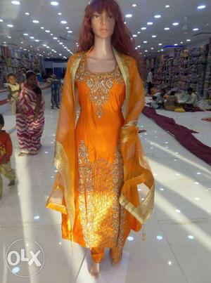 Women's Orange And Yellow Floral Salwar Kameez Dress