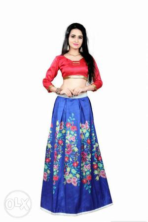 Women's Red Crop Top With Blue Floral Skirt