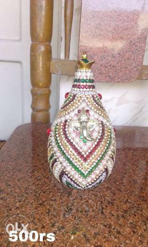 Beaded White And Green Canister