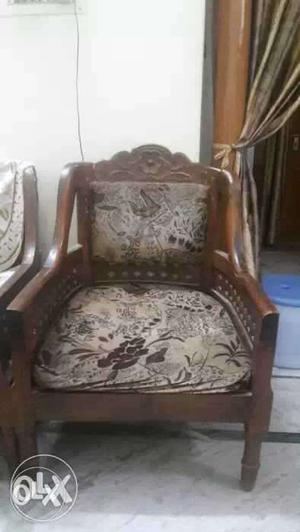 Brown Wooden Framed Brown Floral Padded Armchair