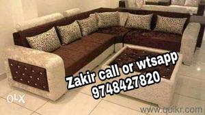 Brown and beige padded l shape sofa set