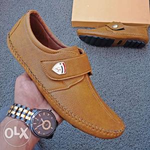 Pair Of Brown Leather Velcro Strap Shoes