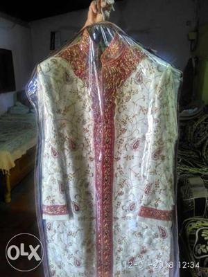 White And Red Floral Traditional Sherwani Dress