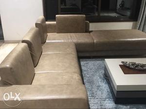 Brown Suede Sectional Sofa With Ottoman