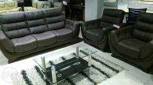 Gray Leather Couch And Armchairs Set