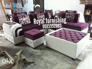 White And Purple Fabric Cushioned Sofa Set