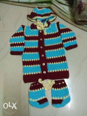 Baby's Blue And Red Striped Knit Jacket And Shoes