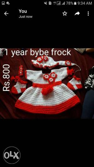 Baby's White-and-red Crochet Dress, Socks, And Hat