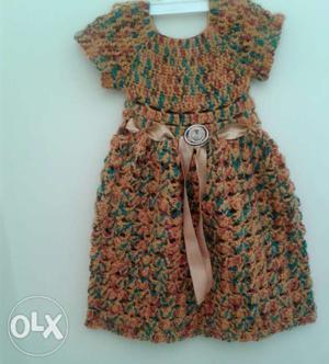 Brown And Green Floral Scoop-neck Dress
