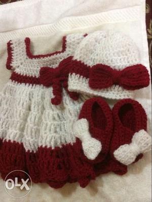 Crochet baby frock set(white and red)for