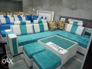 Green And White Fabric Sectional Sofa
