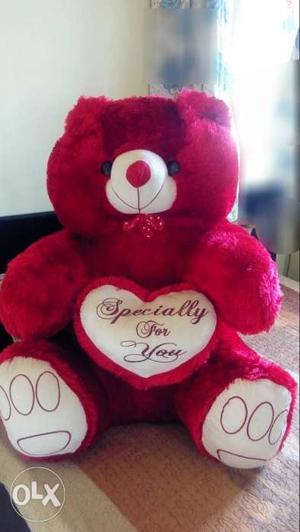 Red And White Bear Plush Toy With Heart Pillow Accent