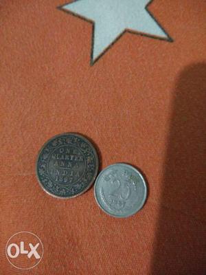 Two 1 Indian Quarter Anna And 25 Indian Paise Coins