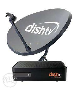 Grey DishTV Parabolic Antenna And Black Dish+ Set-top Box