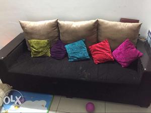 Brown Fabric 3 seat Sofa With 3 big and 5 small coloured