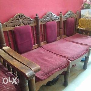 Brown Wooden Framed Red Padded sagaon Sofa Set
