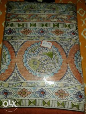 Pure silk with madhubani work,fabric,printed