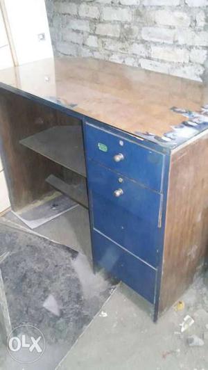 Blue And Brown Wooden Single-pedestal Desk