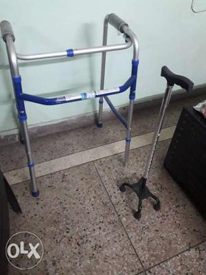 Gray-and-blue Walking Frame And Black Quad Cane
