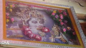 Krishna Hindu Deity Artwork With Gray Wooden Frame