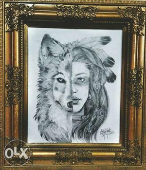 Native American And Wolf Sketch Wall Decor