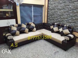 Tufted Black And Beige Cornered Sofa