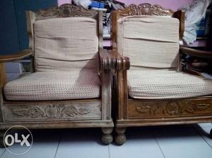 Two Brown And Gray Wooden Framed Armchairs