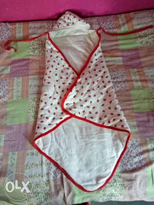 Baby's White And Red Hooded Swaddler