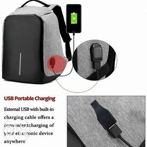 Black And Gray Backpack With USB Portable Charger Collage