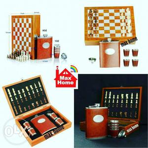 Brown Hip Flask With Chess Set Collage