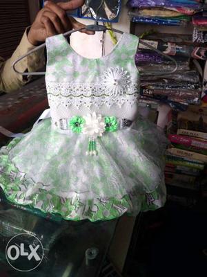 Girl's White And Green Floral Dress