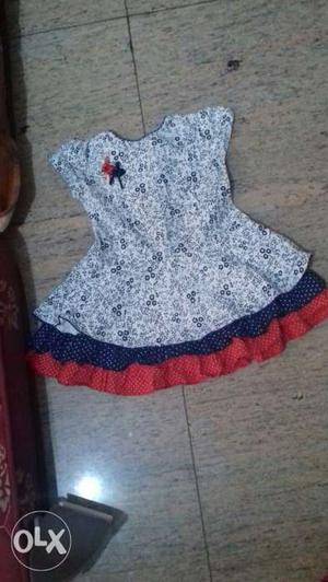 White frock with blue and red frill for 3 to 4 yr