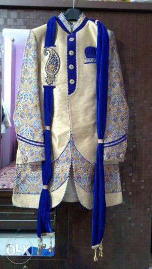 Blue And Gray Sherwani And Blue Scarf with blue dhoti...Size