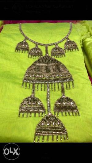 Green And Brown Glitter Crew-neck Traditional Dress