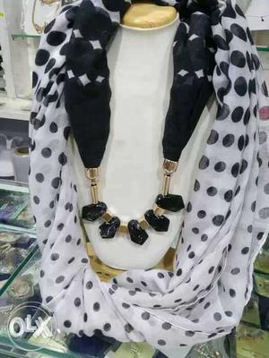 (NEW) White And Black Dotted & Printed Jewellery Scarf
