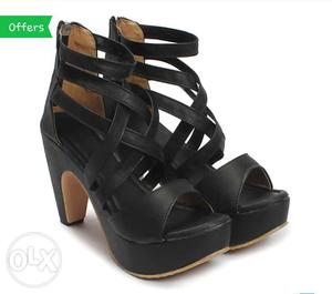 Pair Of Black Leather Open-toe Heeled Sandals