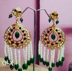 Pair Of Green-and-gold-colored Chandelier Earrings