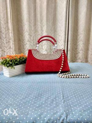 Red beauty Dressy Velvet hand bag with pearl on it