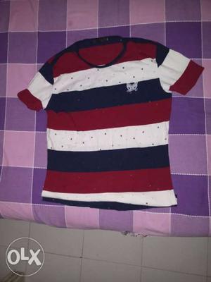 White, Black, And Red Striped Crew-neck T-shirt