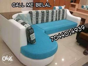 Blue And White Sectional Couch With Call Me Belal Text