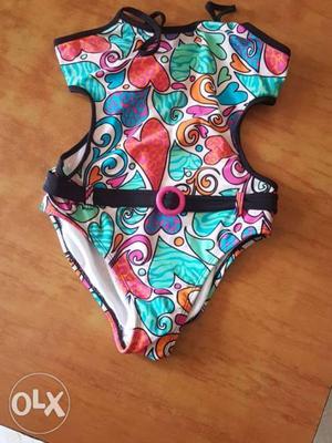 Girl's White And Multicolored Swimsuit