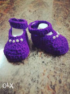 Pair Of Baby's Purple Knitted Shoes. Made on Request