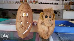 Brown Wooden Monkey And Elephant Carvings