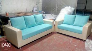 Teal-and-white Fabric 2-piece Sofas