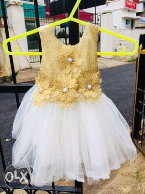 A white net frock with golden work. Apt for a