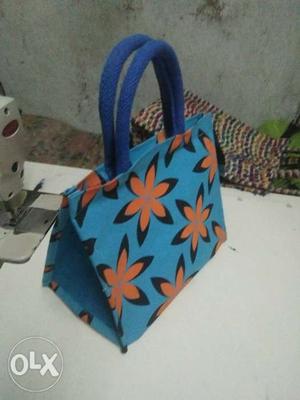 Blue And Orange Floral Leather Handbag