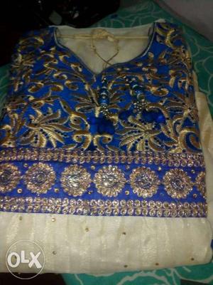 Blue and off white long anarkali dress with